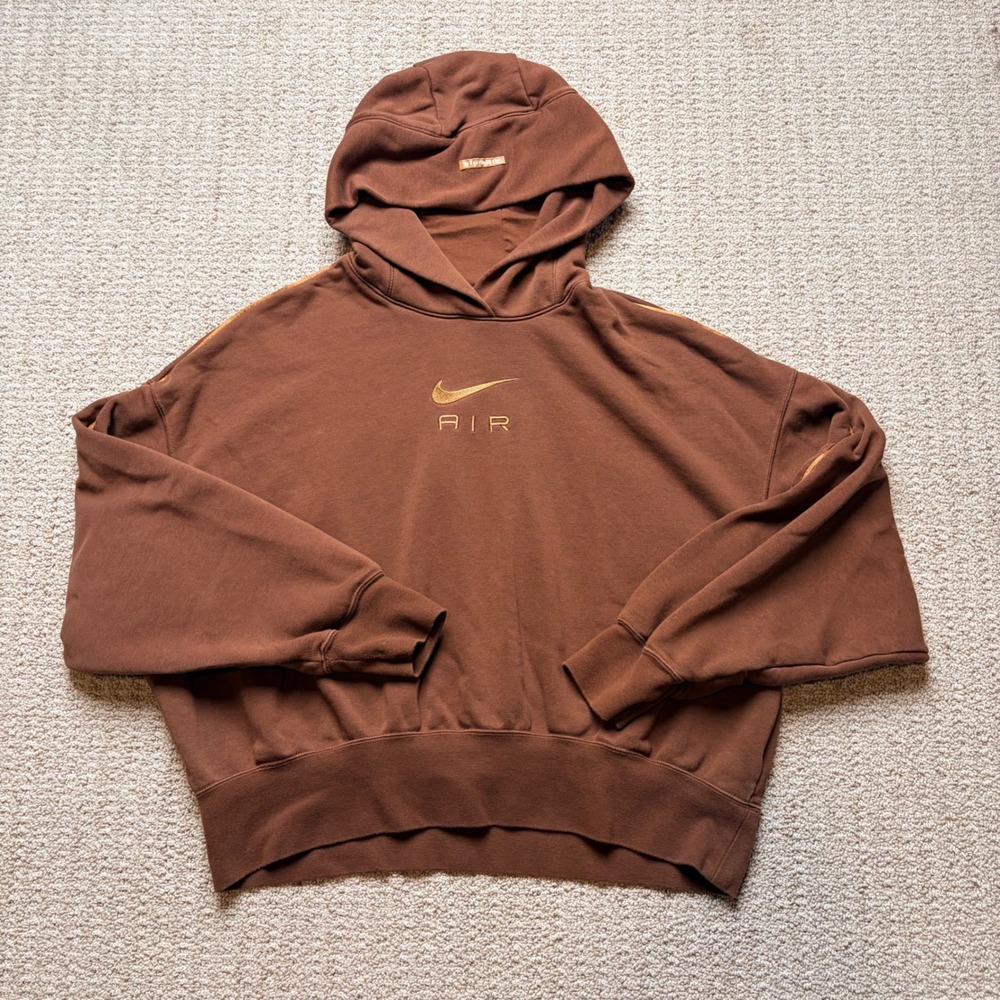 Nike Air Women S Brown Cropped Hoodie Oversized‎ Gold Embroidered Logo